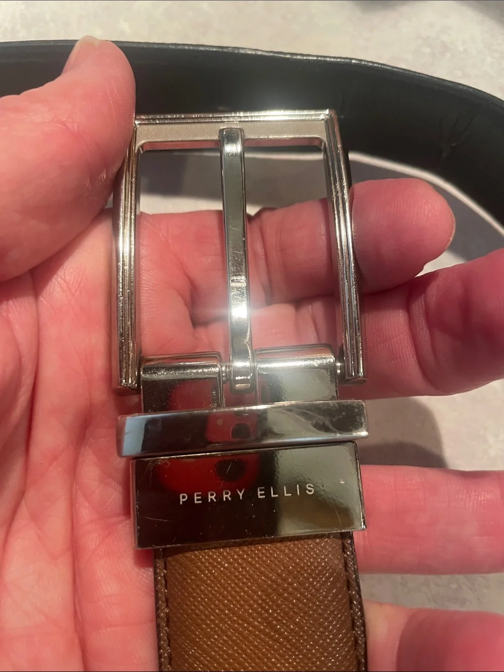 Perry Ellis Bonded Leather Reversible Belt with Silver Buckle